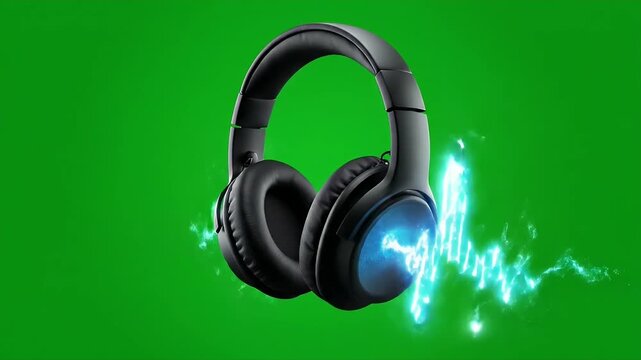 Floating Headphones with Glowing Sound Waves on Green Screen - A pair of black over-ear headphones floats in the center against a vibrant green background.