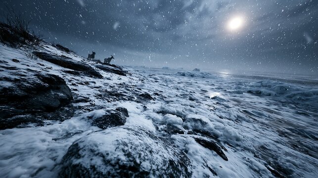 Winter landscape with snow, distant animals, and bright sun over water