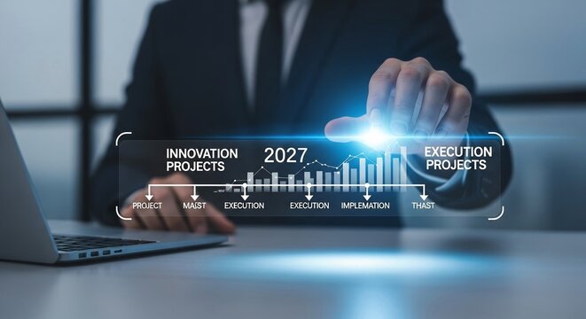 Human hand interacting with holographic display showing business innovation projects and growth chart for
