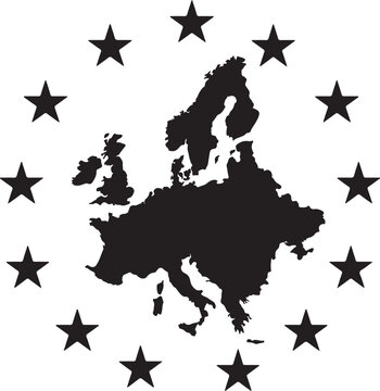 Black silhouette map of europe surrounded by twelve stars in a circle
