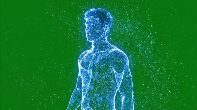 Abstract Human Particle Hologram on Green Screen - A dynamic digital rendering of a human silhouette composed of countless glowing particles against a solid green background.
