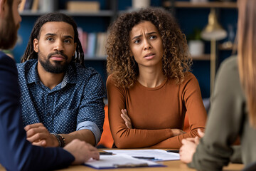 Fototapeta premium Anxious multiethnic couple consulting professional counselor in office