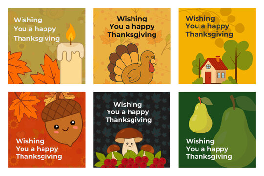 Cute Thanksgiving Social Media Post Templates Set with Autumn Elements and Quotes