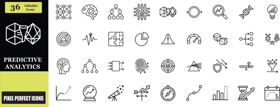 Predictive analytics icon set. including forecast, model, algorithm, trends, data, insights, pattern, analytics, future, probability, and more. outline icon set. vector illustration with editable