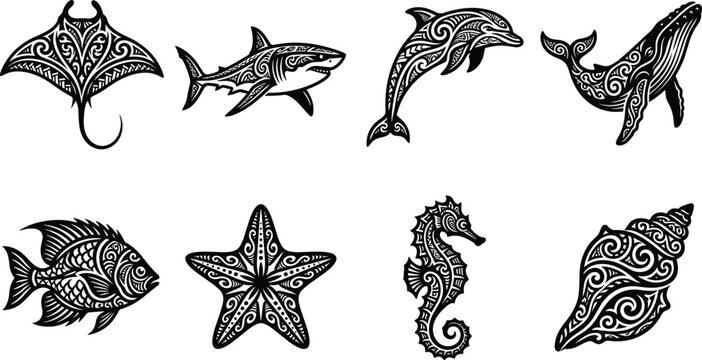 Black Floral Vector Silhouette Icons Set Isolated On White Background For Laser Cutting And Tattoos