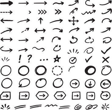 Set of hand drawn arrows and circles for design elements