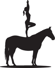 Fototapeta premium Silhouette of a woman practicing yoga in a tree pose on the back of a horse, equestrian yoga, harmony between human and animal, fitness and balance concept