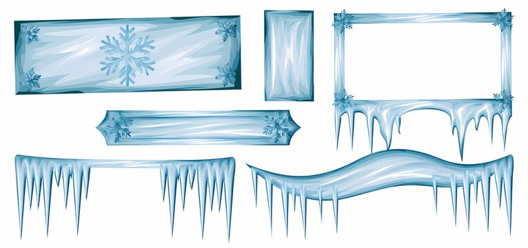 A collection of icy blue winter borders and frames with snowflakes