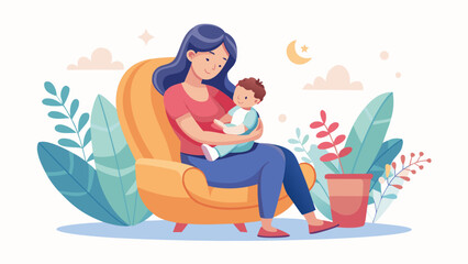 Obraz premium Mother holding her baby in an armchair. Loving mom nursing infant in a cozy home setting.