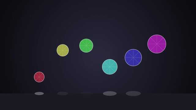 Colorful 2D animation of segmented circles bouncing on dark background