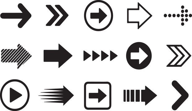 Set of various black arrow icons pointing right isolated on white background