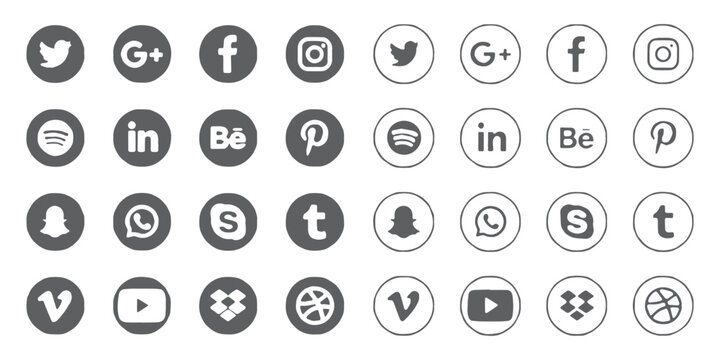 icons social media logo set circle filled outline vector pack  twitter facebook instagram spotify linkedin behance pinterest snapchat whatsapp skype tumblr vimeo youtube dropbox dribbble