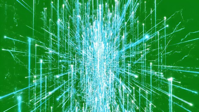 Futuristic Digital Data Stream Network - A vibrant green background is filled with glowing blue digital lines and binary code, representing a complex futuristic data network.