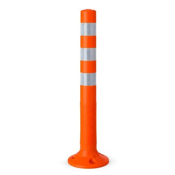 Orange flexible traffic delineator post with reflective stripes isolated on white background for road safety