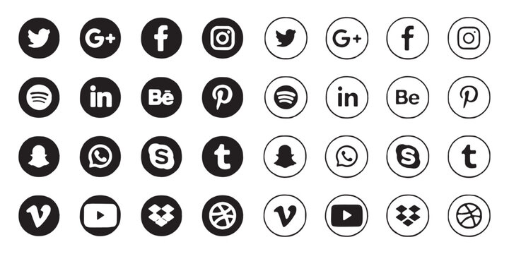 social media icons circle set filled and outline grid logos twitter facebook instagram spotify linkedin behance pinterest snapchat whatsapp skype tumblr vimeo youtube dropbox dribbble