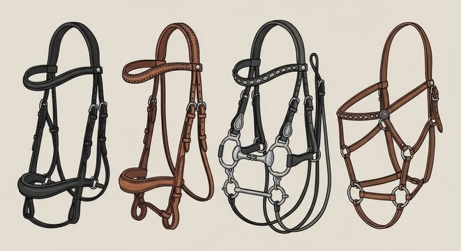 Collection of Four Elegant Horse Bridles on Beige Background.