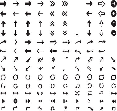 Collection of various black arrow icons isolated on white background