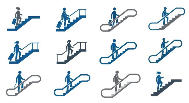 Collection of escalator icons with people in motion.