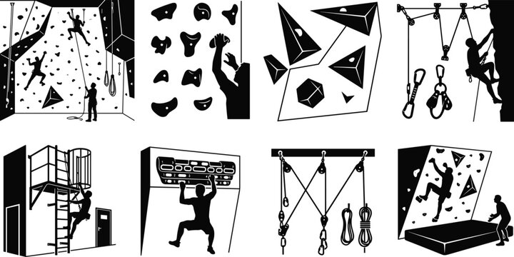 Black vector silhouettes of indoor rock climbing gym activities, bouldering walls, and training equipment