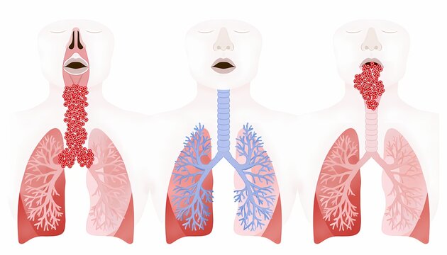 Anatomy of healthy and unhealthy human lungs with trachea and bronchi