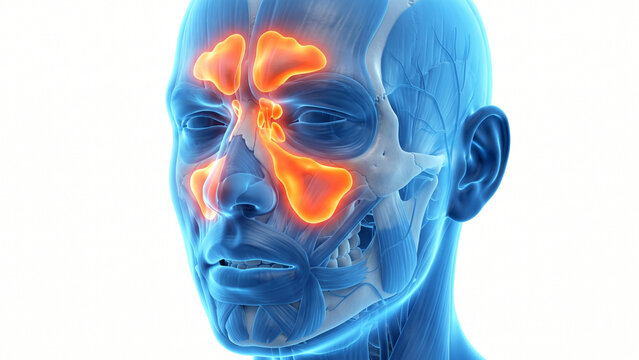 Medical illustration of human paranasal sinuses glowing orange on a blue anatomical head model