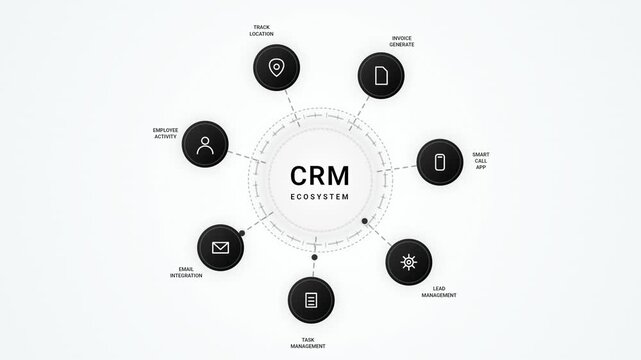 Animated infographic illustrating a CRM ecosystem with various interconnected business functions
