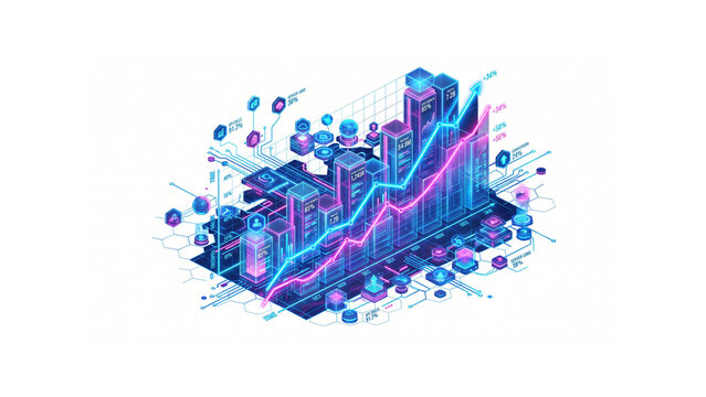 Isometric futuristic data analysis chart with glowing neon rising bar graphs and trending lines on a white background