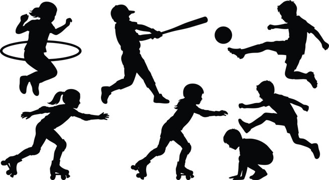 Children Sports and Play Silhouette Collection Featuring Roller Skating Baseball Soccer Hula Hoop Running and Active Kids