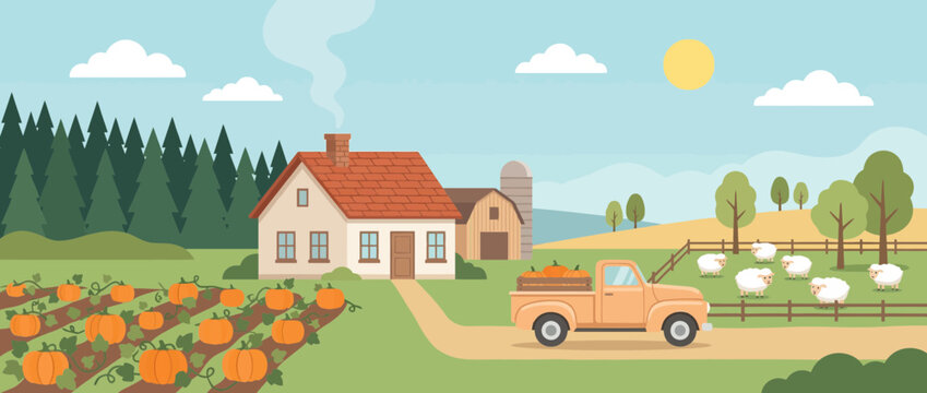 Autumn pumpkin patch farm with truck and pine forest.
