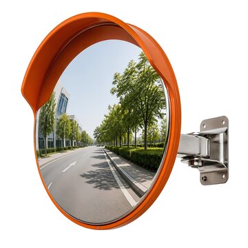Outdoor Convex Traffic Mirror with Orange Hood for Blind Spot Safety Isolated on White Background