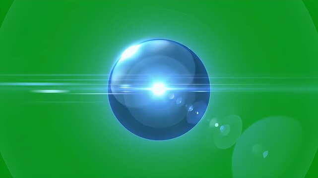 Futuristic Lens Flare Orb on Green Screen - A glowing blue orb with a bright lens flare expands softly against a chroma key green background.