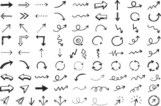 Collection of hand drawn arrow doodles isolated on white background