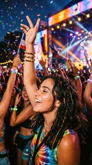 Fototapeta premium Happy woman dancing at summer festival with raised hand. Excited girl enjoying music performance with crowd. Colorful confetti and stage light at outdoor concert event in evening.
