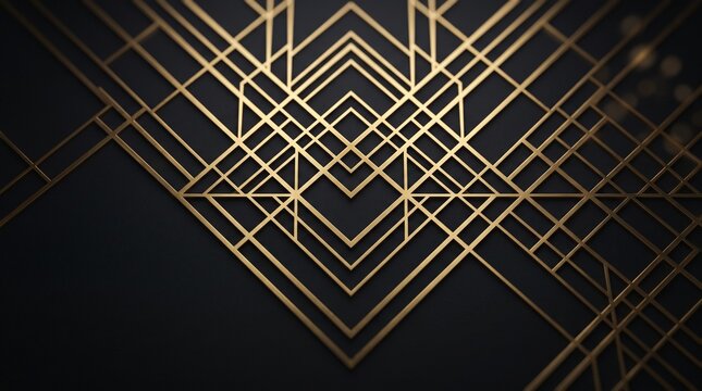 Luxury gold art deco geometric pattern on dark black background with copy space