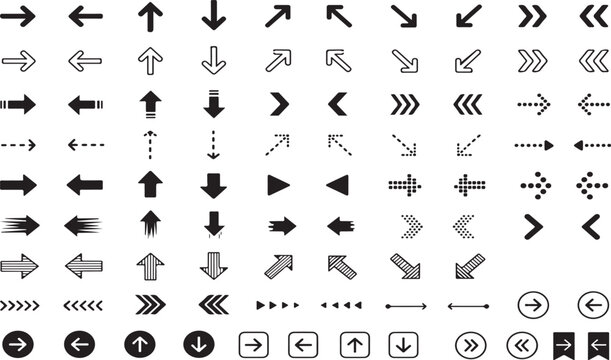 Set of various black arrows and direction icons for web and graphic design