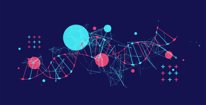 Abstract vector futuristic DNA helix structure with digital plexus network on dark background.