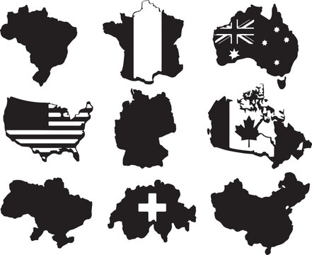 Set of black world country maps and national flags on white background