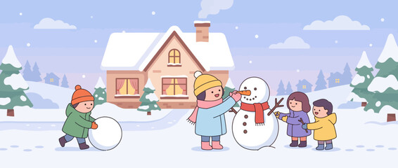 Naklejka premium Children building snowman in snowy winter village landscape