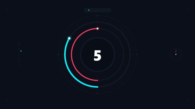 Futuristic digital countdown timer with circular motion graphic interface, high-tech loading progress bar for video intros and transitions