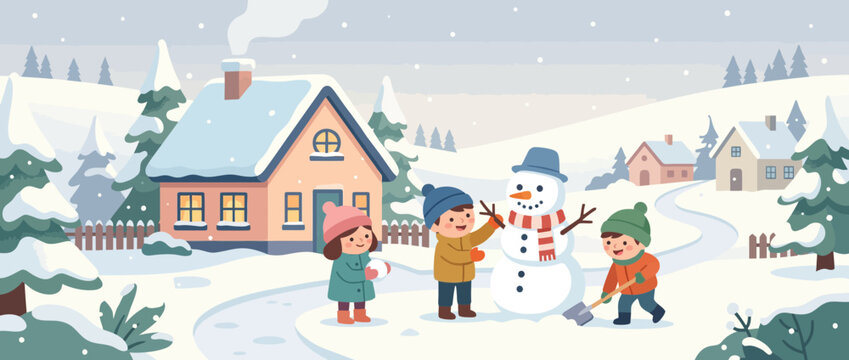Children building snowman near house in winter landscape.