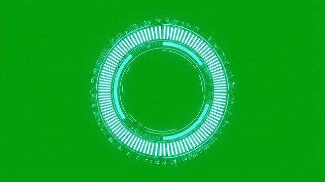 Futuristic Circular UI Element with Glowing Center on Green Screen - A circular, futuristic user interface element with segmented segments and a bright, glowing center is displayed against a chroma