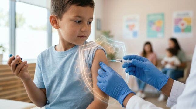 Pediatric vaccination shield: immunization dose, medical needle, doctor glove, protect body, child health, inject serum, prevent disease, secure arm, safety barrier.