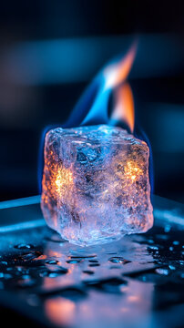 Ice cube sits on a reflective surface while engulfed in bright blue flames representing a paradox of hot and cold.