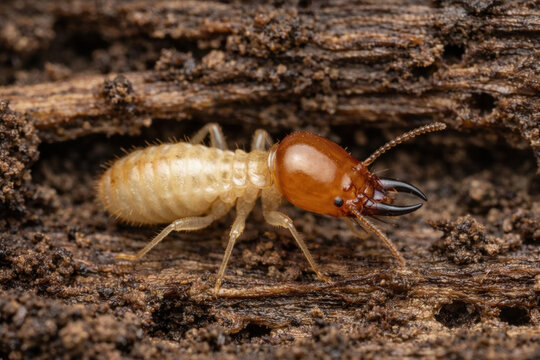 Close-up of a powderpost beetle crawling on damaged wood with exit holes and frass