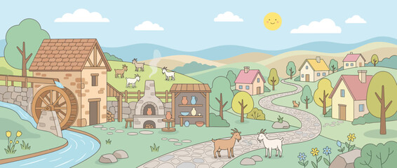Naklejka premium Countryside village with water mill and winding path.