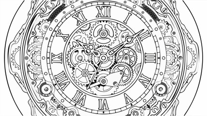 Naklejka premium Black and White Steampunk Clockwork Mechanism Vector Illustration, Intricate Gears and Roman Numerals, Detailed Mechanical Design for Coloring Page or Graphic Element