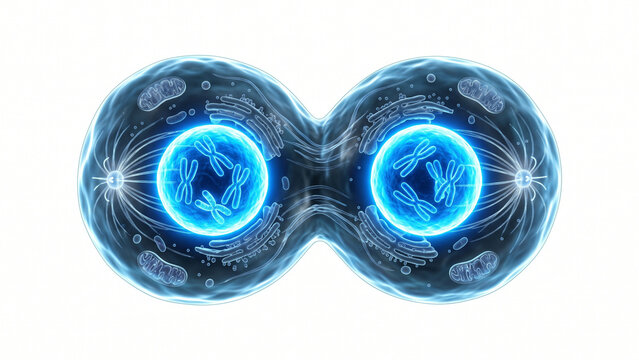 3D medical illustration of a dividing eukaryotic cell undergoing mitosis and cytokinesis on a white background