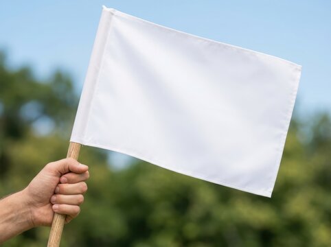 A hand holding a blank white flag on a wooden pole outside against a soft blurred green and blue natural garden background