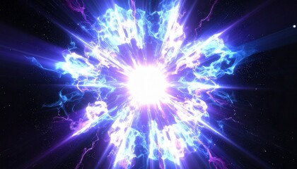 Fototapeta premium 宇宙空間での強烈なエネルギー爆発と電撃、青と紫のプラズマ星雲のSF調背景素材