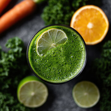 Green smoothie lime orange kale carrot glass healthy drink close shot fresh vegetable fruit beverage with citrus slice on dark background